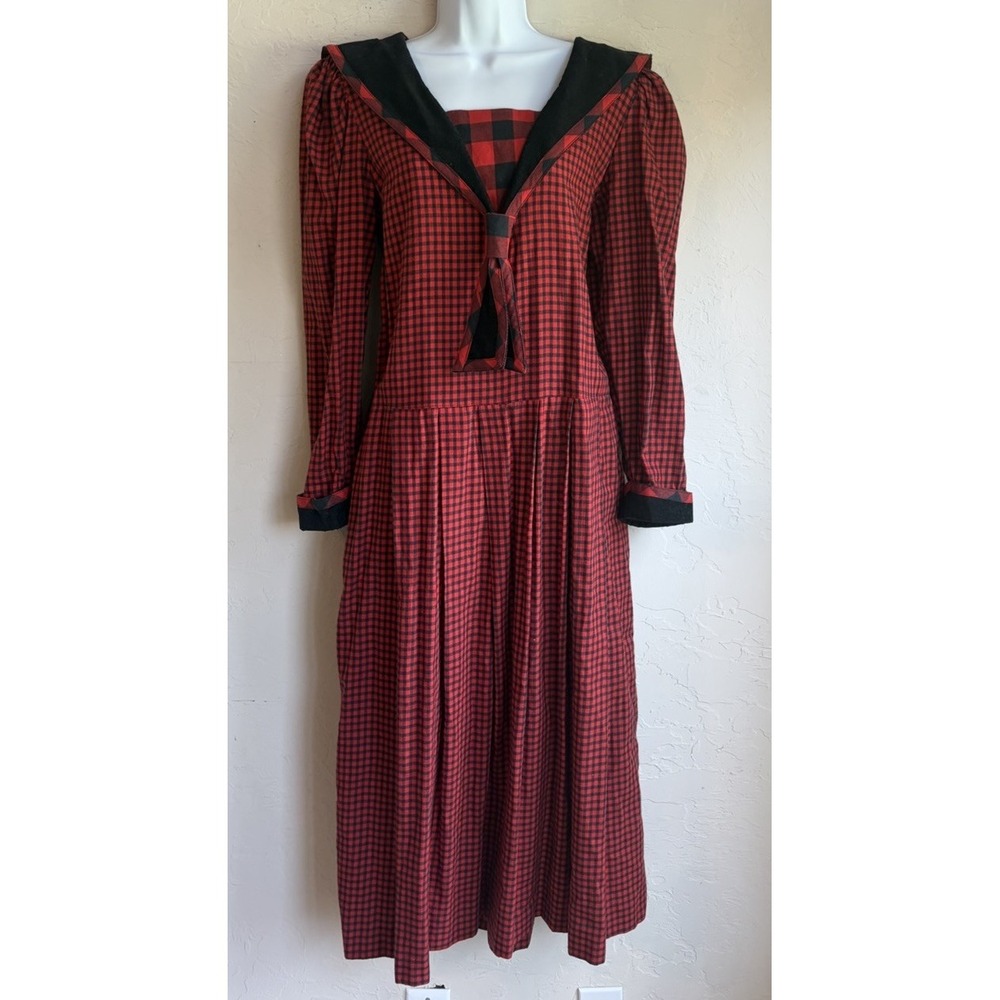 Vintage 80s Alexander Campbell Plaid Midi Dress 8 Sailor Collar Corduroy Drop